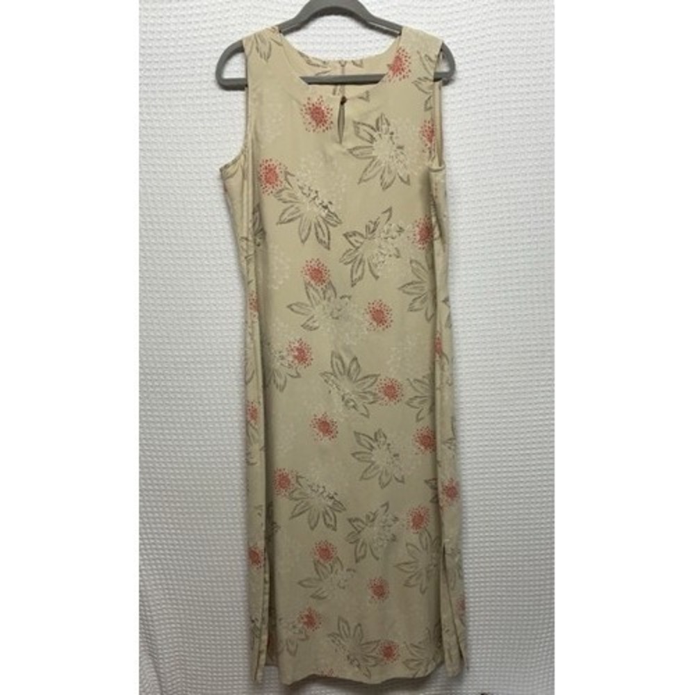 VTG 80s Liz Claiborne Tan/Beige Floral Sleeveless Maxi Dress Women 14 China Silk